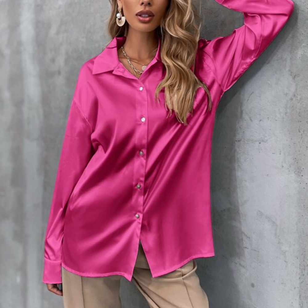 Black Classic button up Satin Boyfriend Work Top Minimalist - Picture 6 of 16